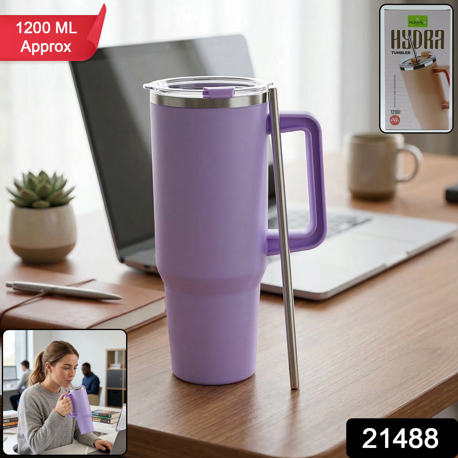 Konvex Large Capacity Insulated Tumbler Mug With Handle And Straw 1200 Ml Approx